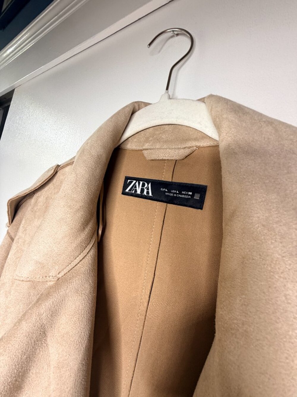 Zara Women’s Long Trench Coat Large – Beige Faux Suede Double Breasted Belted - Picture 5 of 6